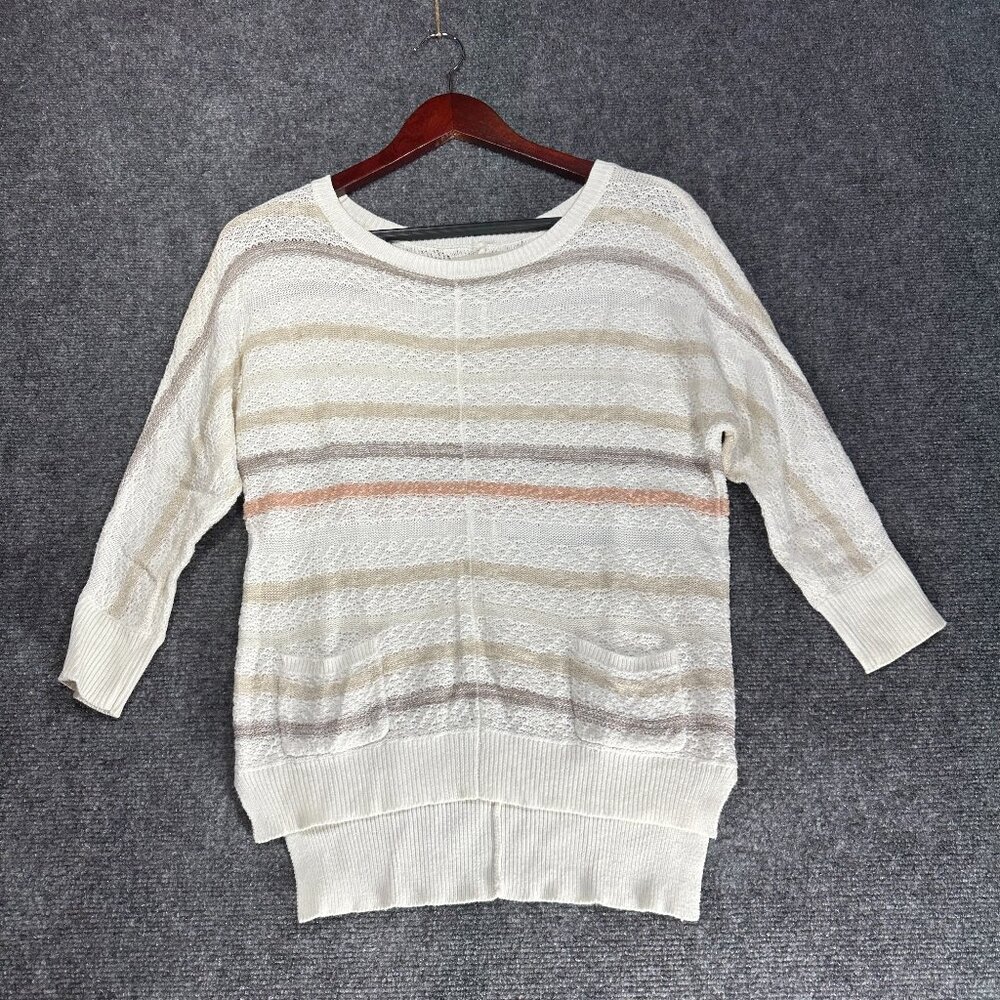 Ann Taylor LOFT Sweater Women XS White Striped Loose Knit Cotton Linen Pockets